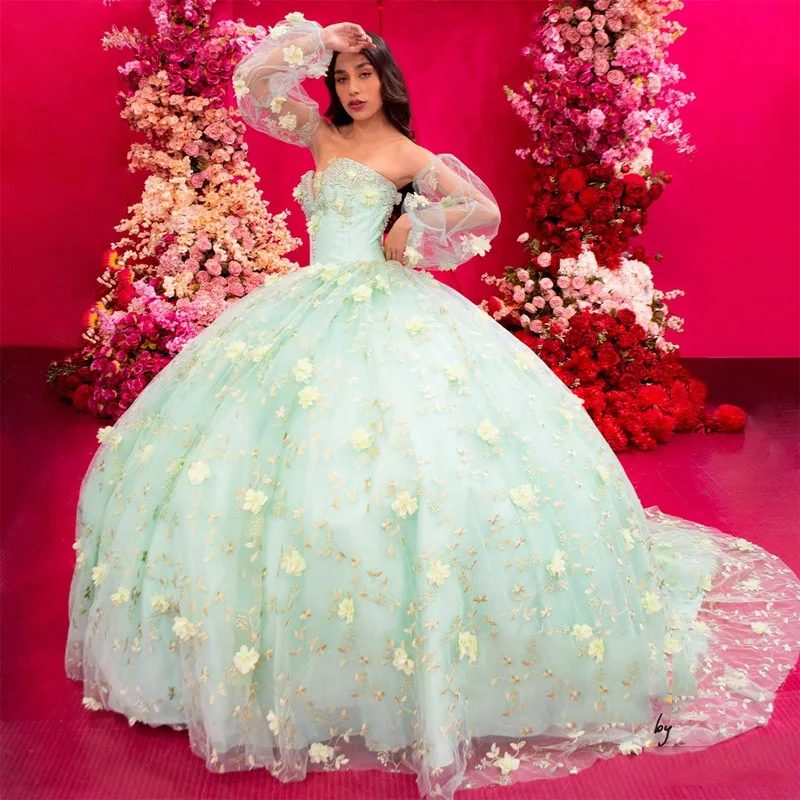 

Light Green Ball Gown Quinceanera Dresses Yellow 3D Flower Applique Beading Princess Birthday Party Prom Gown vestidos de 15 año