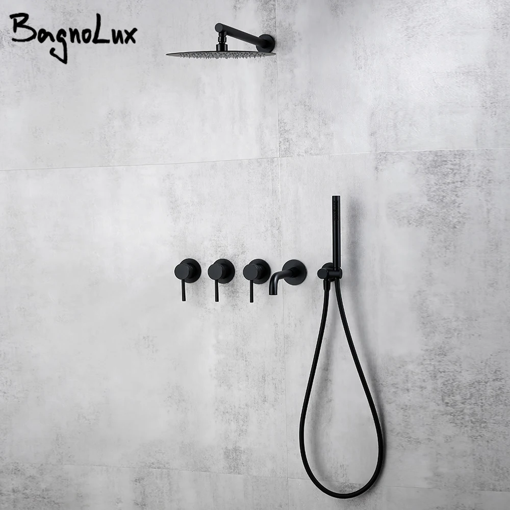 Matte สีดำระบบห้องน้ำก๊อกอ่างอาบน้ำ Tap Mount Tub Spout หมุน8/10/12นิ้ว Rainfall HeadShower 1