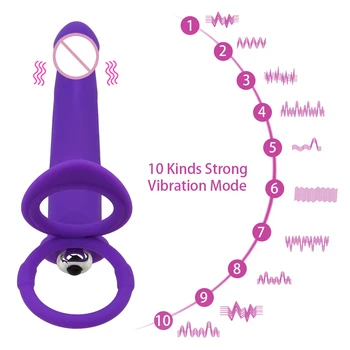 10 Speed Double Penetration Vibrator Silicone Strap-on Dildo Vibrator With Penis Ring Strap On Penis Anal Butt Plug for Man 4