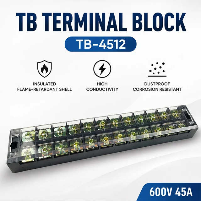 1Pcs TB4512 45A 600V Dual Row Barrier Screw Terminal Block Strip Wire Connector Insulated DIY Electrical Fix Fence High Quality 1