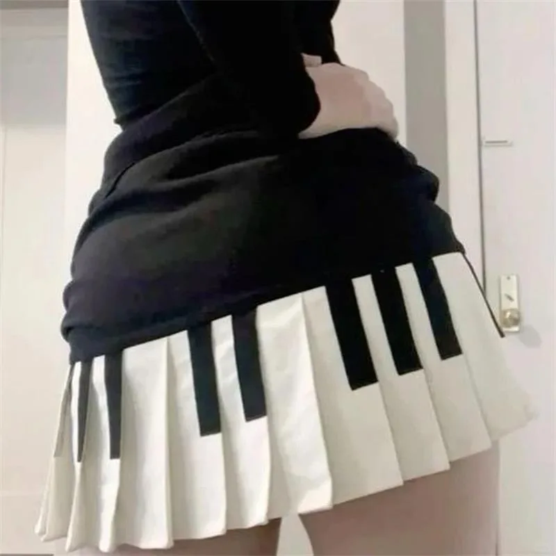 American Retro Sweet Black White Piano Skirts 2025 Summer New Pleated Skirt Woman Y2k Slim Fit High Waist Fashion Faldas Mujer 3