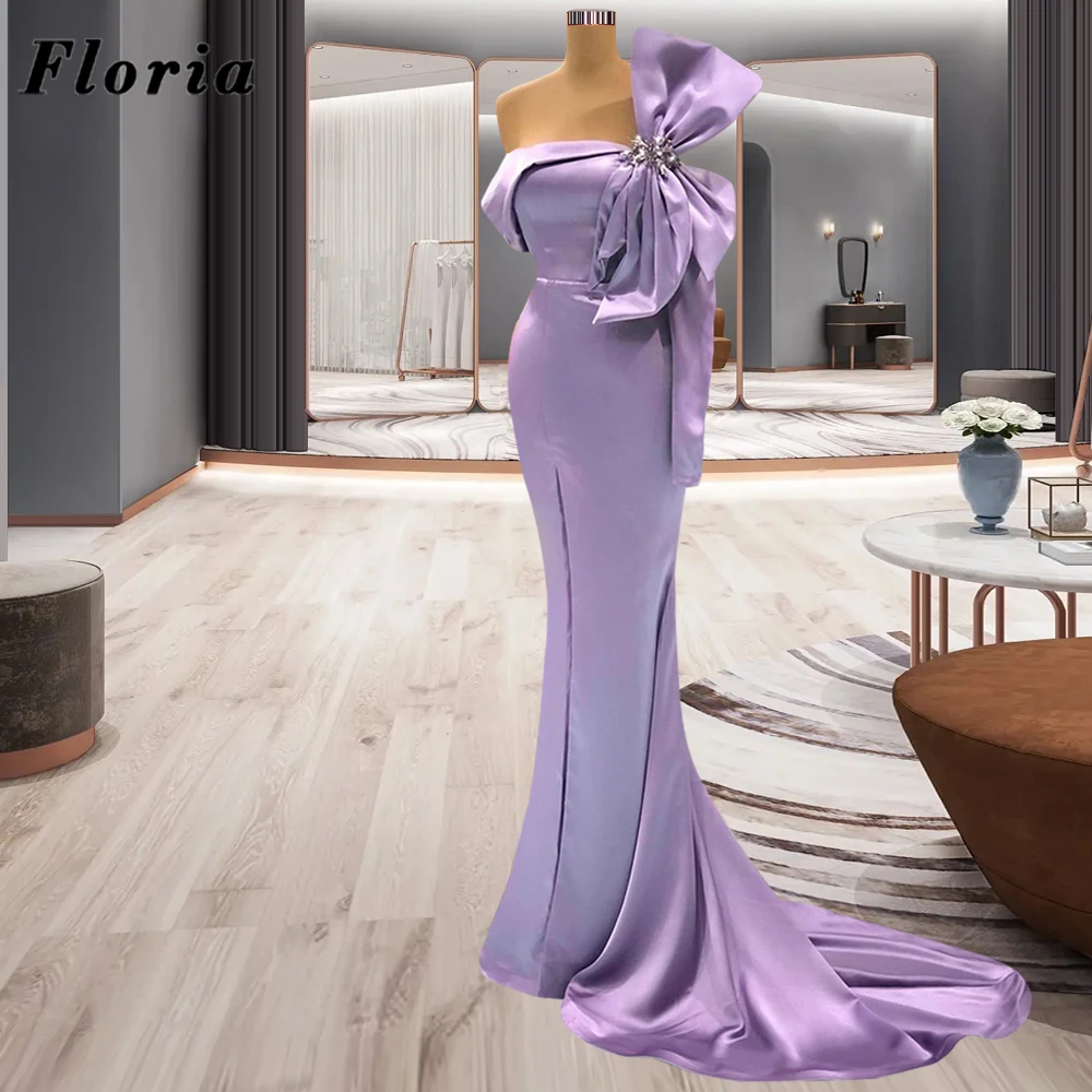 

Floria Simple Purple Satin Evening Dresses Big Flower Beads Celebrity Prom Dress For Wedding Party Luxury Long Dance Dress Robes