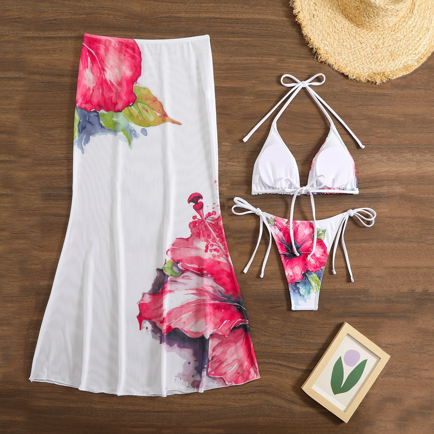 Costume da bagno 3 pezzi con stampa floreale - Vista completa set