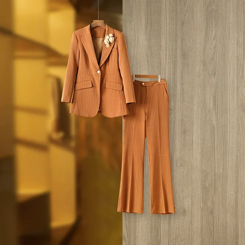 

Pinstripe Office Women Suits Set 2 Pieces Blazer Jacket+Pants Spring Business Lady Work Wear One Button Coat Prom Dress Coat