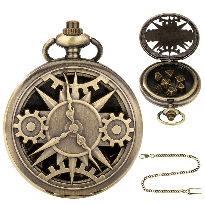 Boîtier de montre de poche Steampunk Hollow Gear Cover avec dés polyédriques en métal, pendentif FOB JOGaming, accessoire cadeau, ensemble de 7 pièces