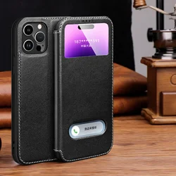 Premium Genuine Leather Magnetic Flip Phone Case with Clear View Window - iPhone 14 Pro Max (Black)