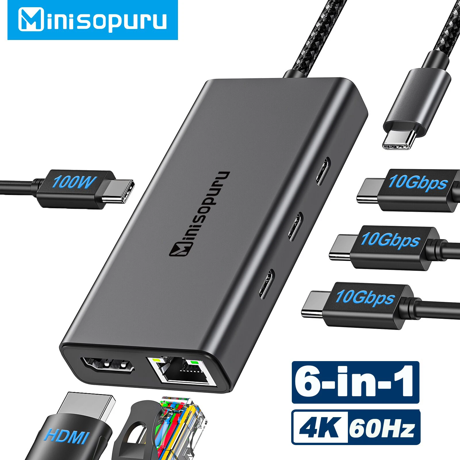 

Minisopuru USB C Hub 4K@60Hz HDMI 10Gbps USB Type c to Multi USB 3.2 RJ45 PD 100W Adapter for MacBook Pro iMac Splitter USB Hub