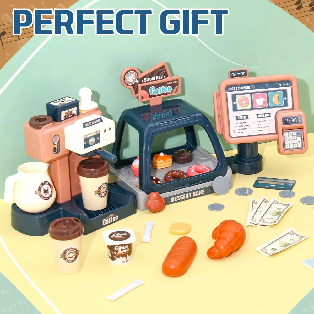 WizKidz-Coffee Maker Playset-Pretend Role Play Toy Kitchen Appliances with Fake Donuts Sound Light for Ages 3+ Boys & Girls