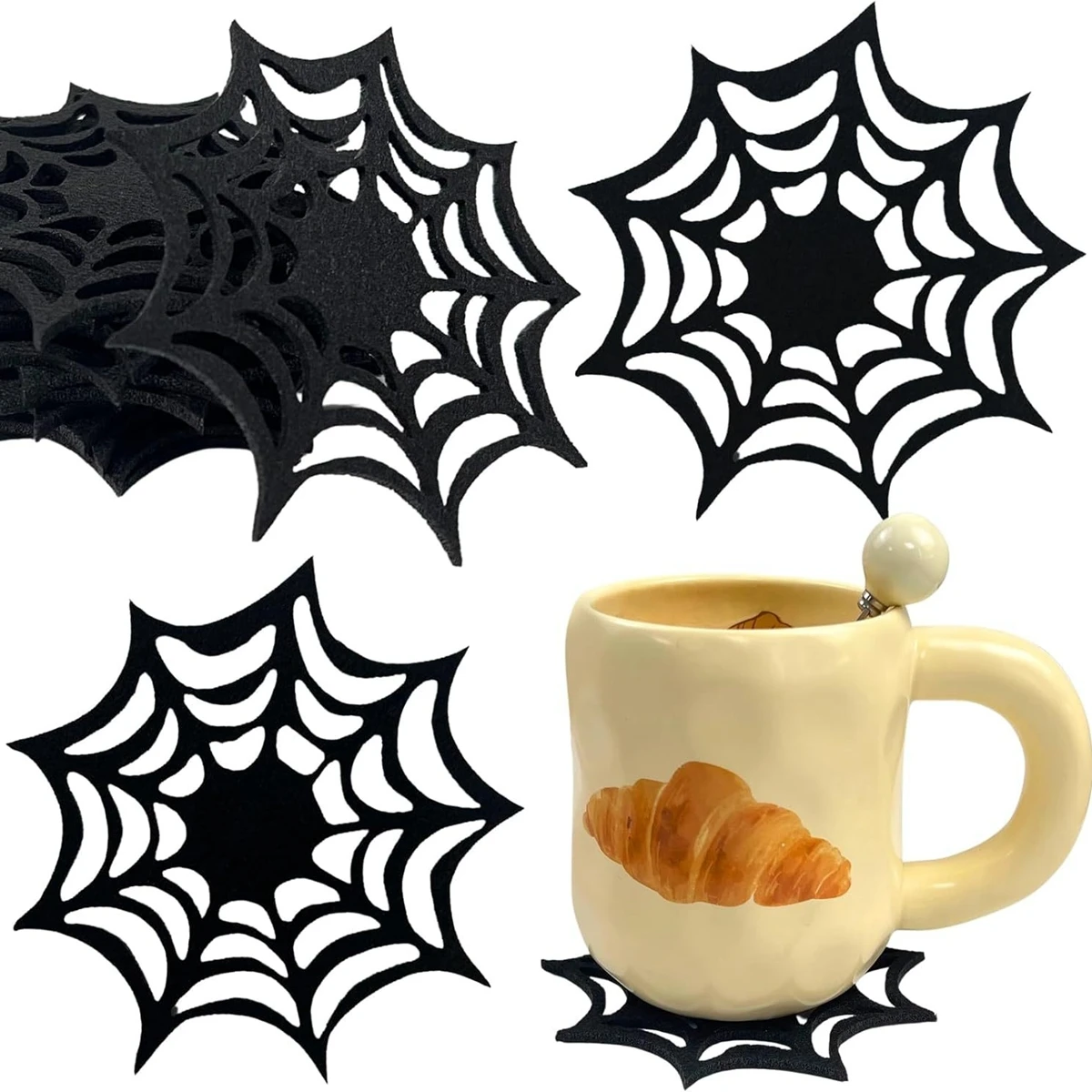 2/4 Stück Vlies-Spinnennetz-Untersetzer, Halloween, schwarzer Untersetzer für Halloween, Party, Heimdekoration, Süßes oder Saures, Spielzeugzubehör – Detail 1