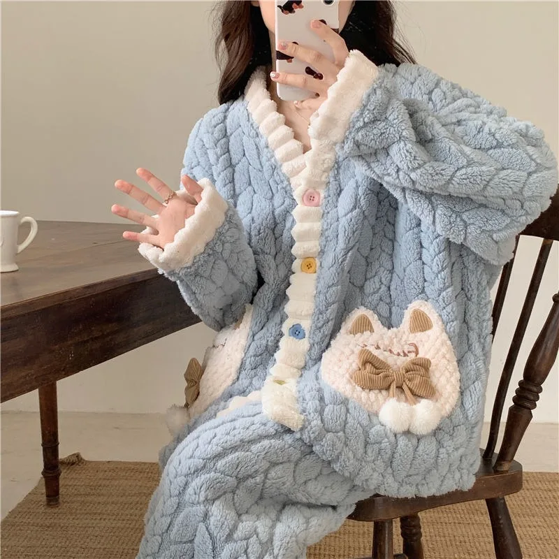 2024 New Coral Velvet Jacquard Pajama Women Autumn Winter Loungewear Thickened Flannel Velvet Sweet Princess Style Homewear Suit
