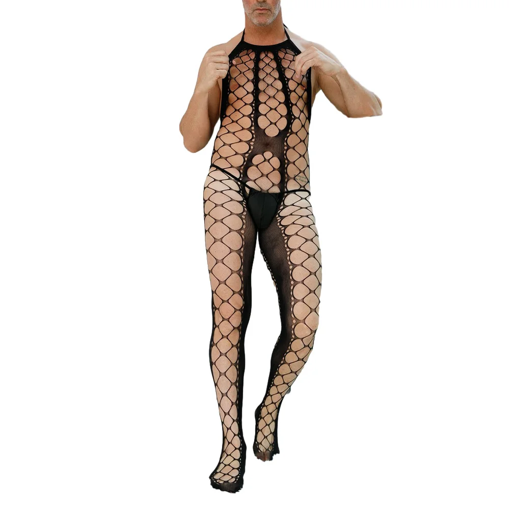 

Sexy Men Fishnet Jumpsuit Open Crotch Pantyhose Backless Party Clubwear Full Body Stockings Sissy See-through Erotic Bodysuit