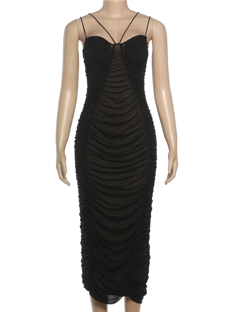 Nibber Folds Maxi Dress Women Low-Neck Peach Butt Sleeveless Patchwork Mesh Elasticity Sexy Slim Midnight Prom Party Vestidos