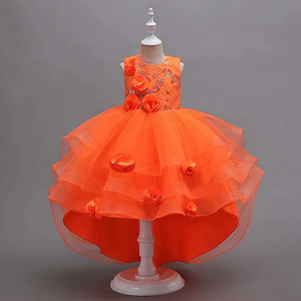 

Summer Train Princess Dress Flower Girl Catwalk Host Piano Ensemble Pompadour Dress Evening Dresses Lace Summer Girls Clothes