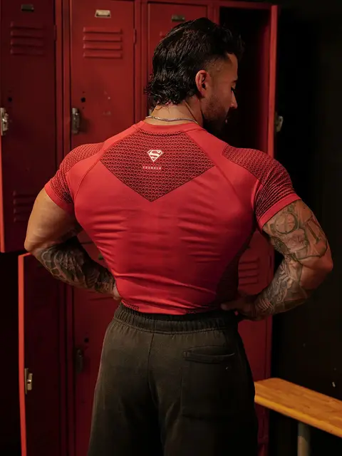 YOUNGLA American New Men's T-Shirt Muscle Sports Fitness Trainer Suit Quick Dry Breathable Stretch Tight Top Casual Print Short 2