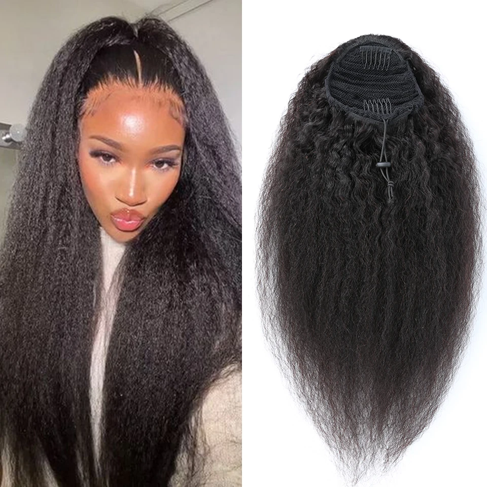 Afro Yaki Straight Drawstring Ponytail Human Hair Brazilian Clip In Hair Extensions 10-30 Inch Remy Kinky Straight