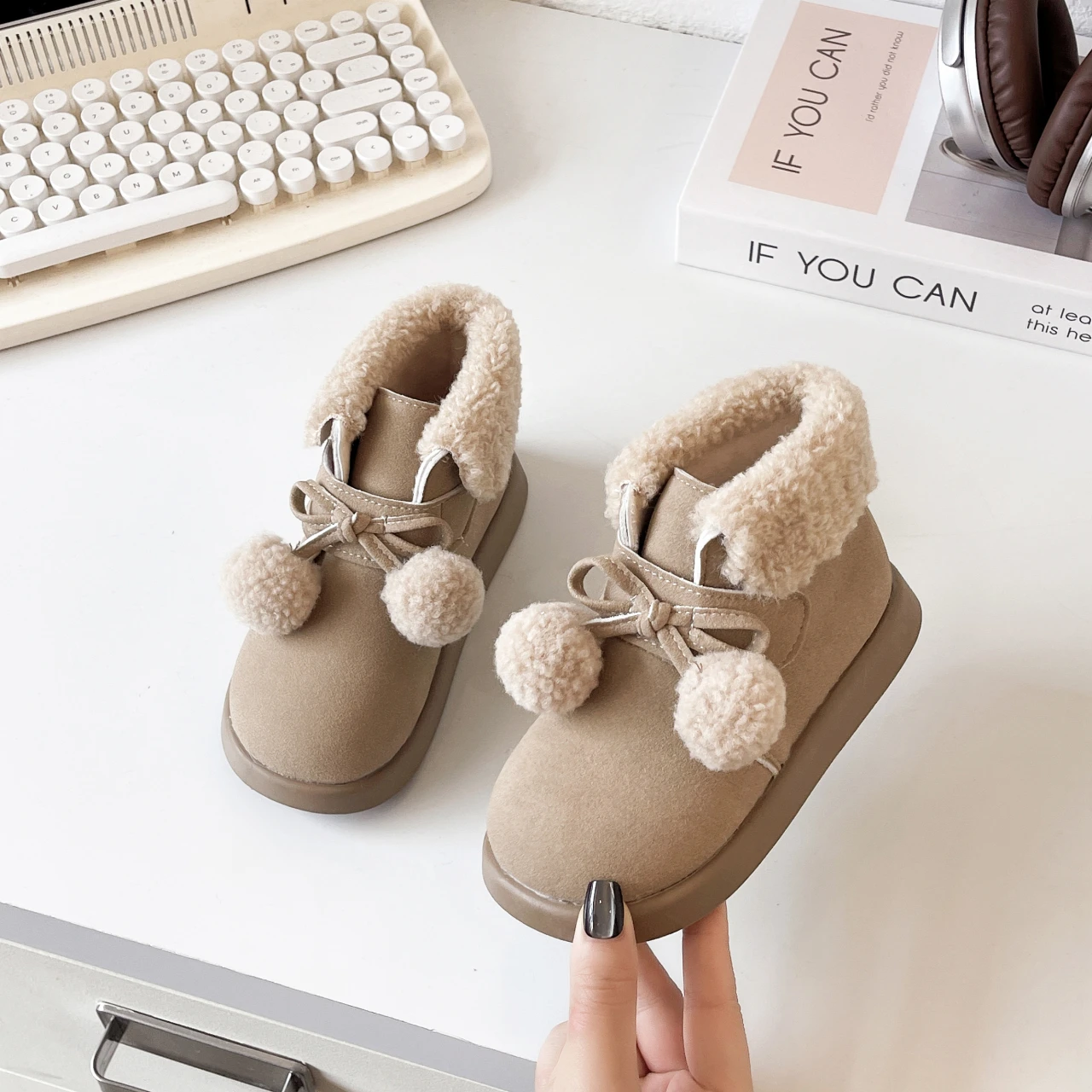 Leather Kids Boots with Plush Ball for Girls Autumn Winter