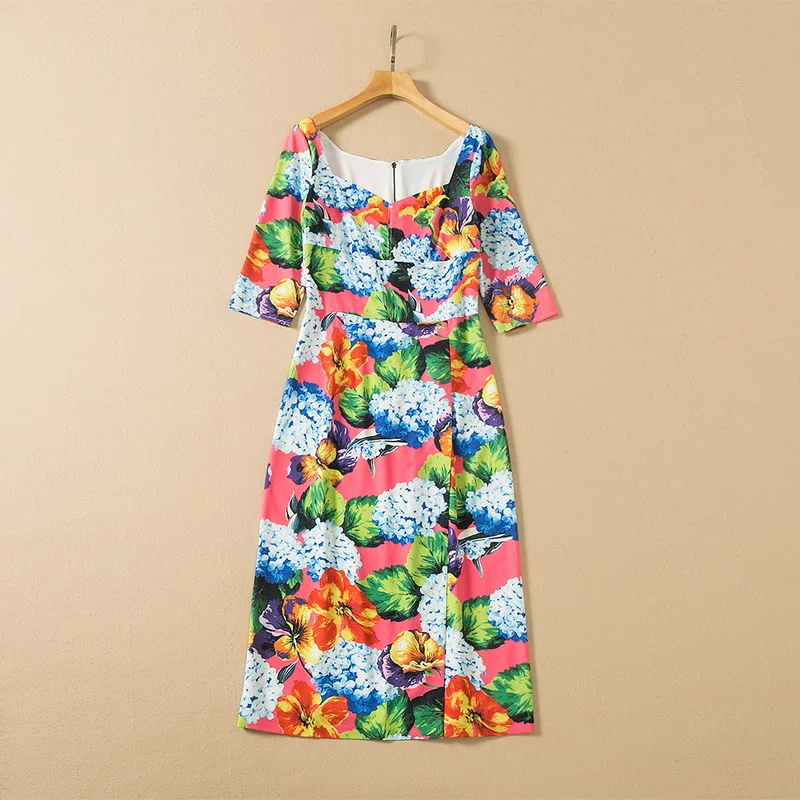 

French spring/summer 2022 new slit sexy slim print square collar waist tight luxury women's dress