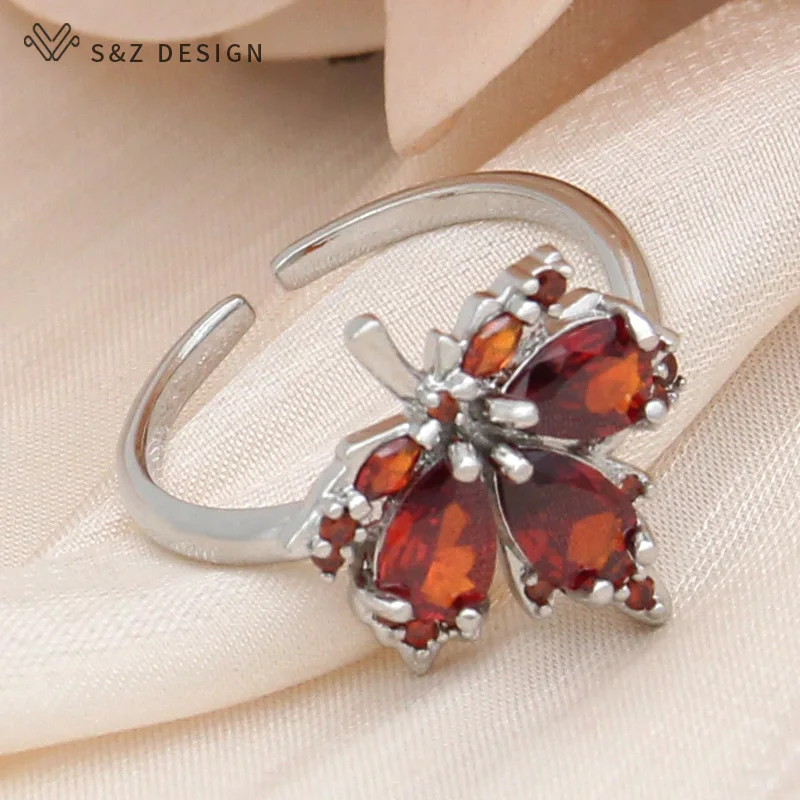 S&Z DESIGN New Fashion Cubic Zirconia Leaf Red Maple Adjustable Rings For Women Wedding Elegant 585 Rose Gold Color Jewelry Gift