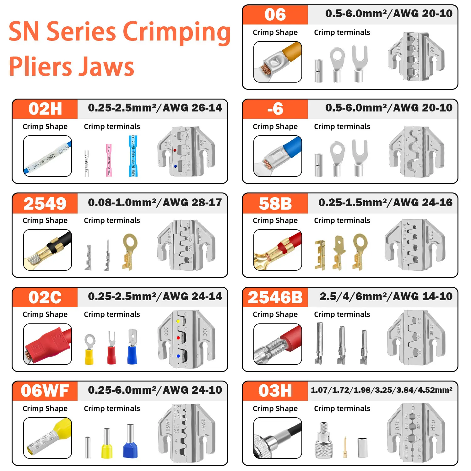 Crimping pliers Alloy Jaws 2546B 58B 02C 03H 06WF 06 used for crimping terminals，Jaw slot width 4mm Crimper Tool