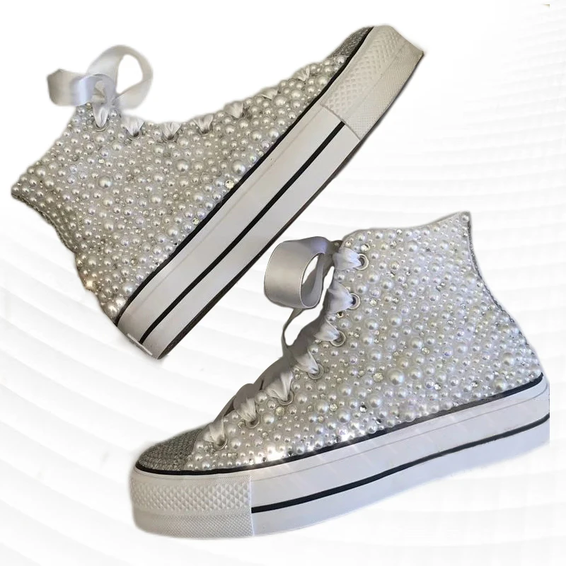 Thick white pearl rhinestones wedding party party canvas shoes handmade custom large size high top women's casual sneakers 35-40 3