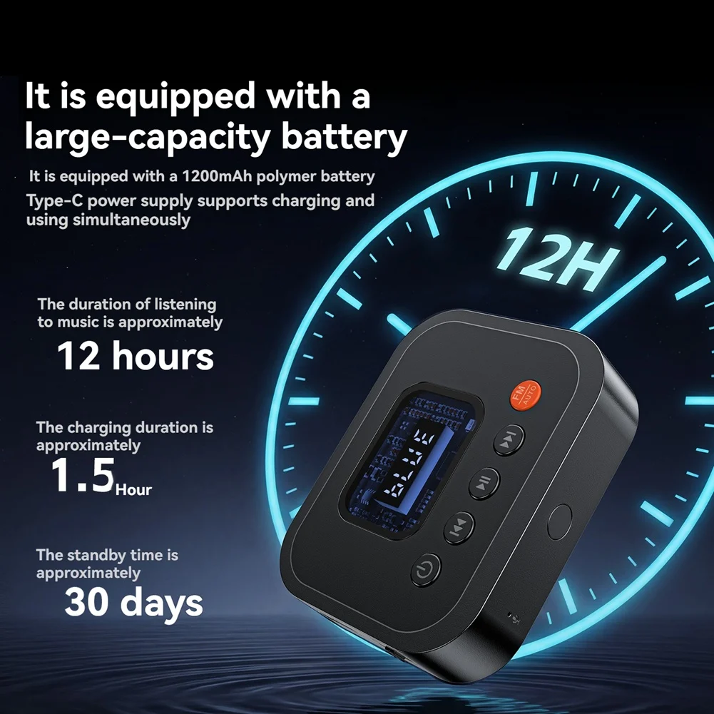 (A75T) 2in1 블루투스 6.0 오디오 수신기 FM 라디오 3.5mm AUX/USB/U 디스크 블루투스 어댑터(스피커 TV PC용 LCD 디스플레이 포함)