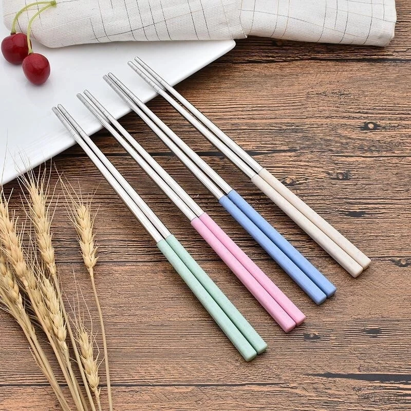 1 Pair Reusable Wheat Straw Chinese Stainless Steel Chopsticks Set 19cm Length 