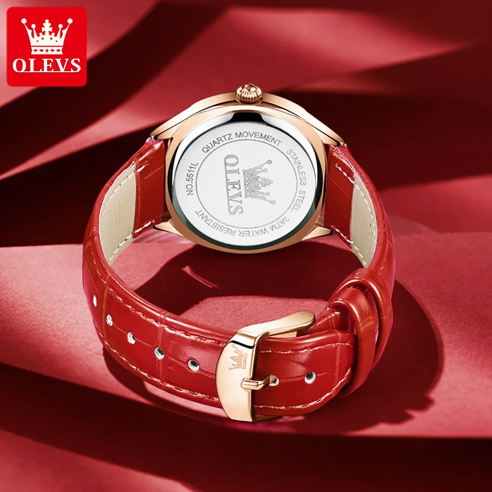 OLEVS Brand New Luxury Rhinestones Quartz Watch for Women Fashion Red Leather Waterproof Classic Womens Watches Montre Femme