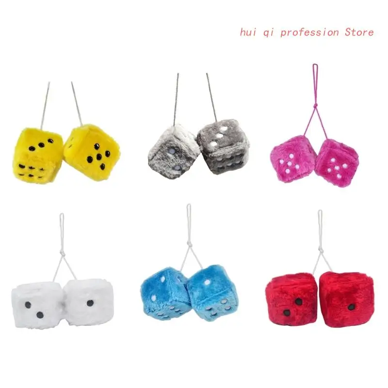 

Hanging Dice 3-inch Retro Square Mirror Hanging Couple Fuzzy Plush Dice with Dots For Car Interior Ornament Decorations