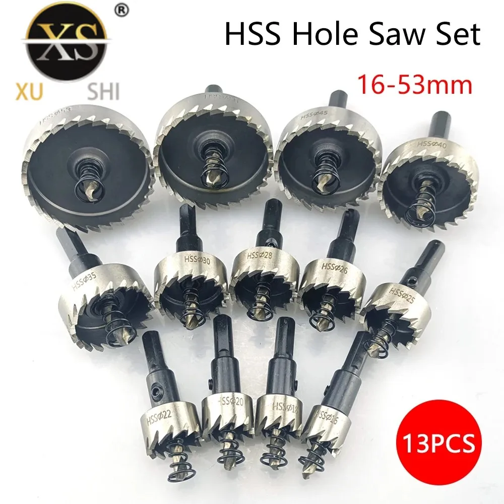 13 Pcs 16-53mm HSS Hole Saw Set High Speed Steel Drill Bit Drilling Crown for Metal Alloy Stainless Steel Wood Cutting Tool