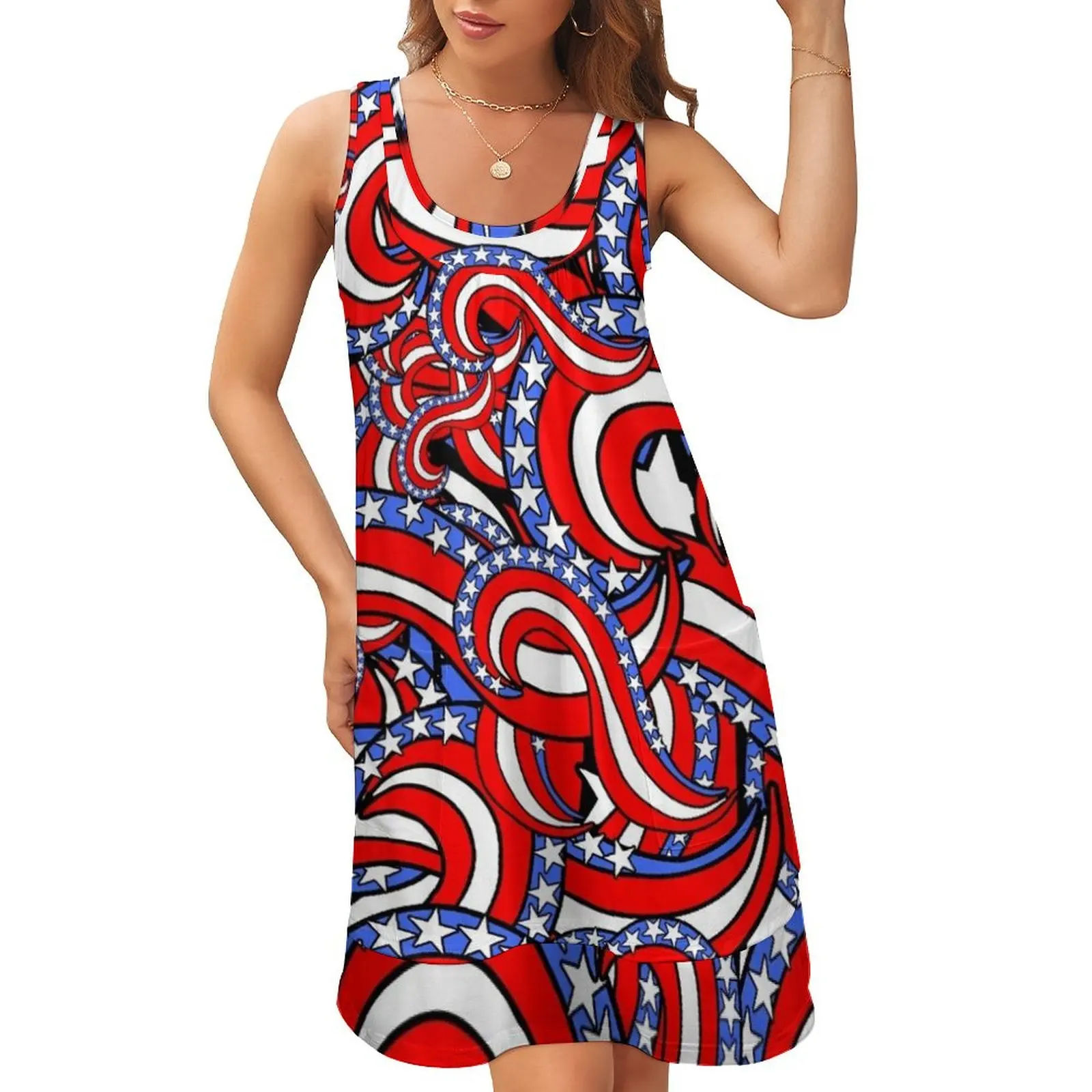 

Патриотическое платье с американским флагом, красное, белое и синее, со звездами и полосками, без рукавов, с U-образным вырезом, имитация двух частей, роскошное платье