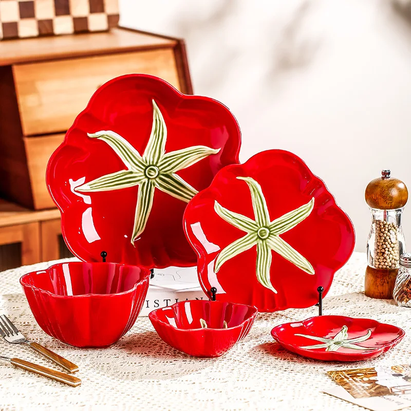 Cartoon Tomato Ceramic Dish Porcelain Plate Vegetable Bowl Food Tray Dinner Plate Set Household Kitchenware