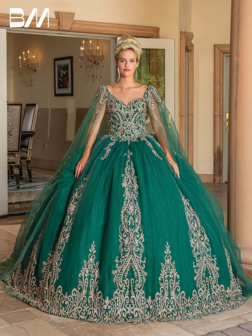 

Glitter Appliques Quinceanera Ball Gown Lace-Up Tie Prom Dress Sweet 16 Dress Cap Sleeve Floor-length Evening Gown Custom Made