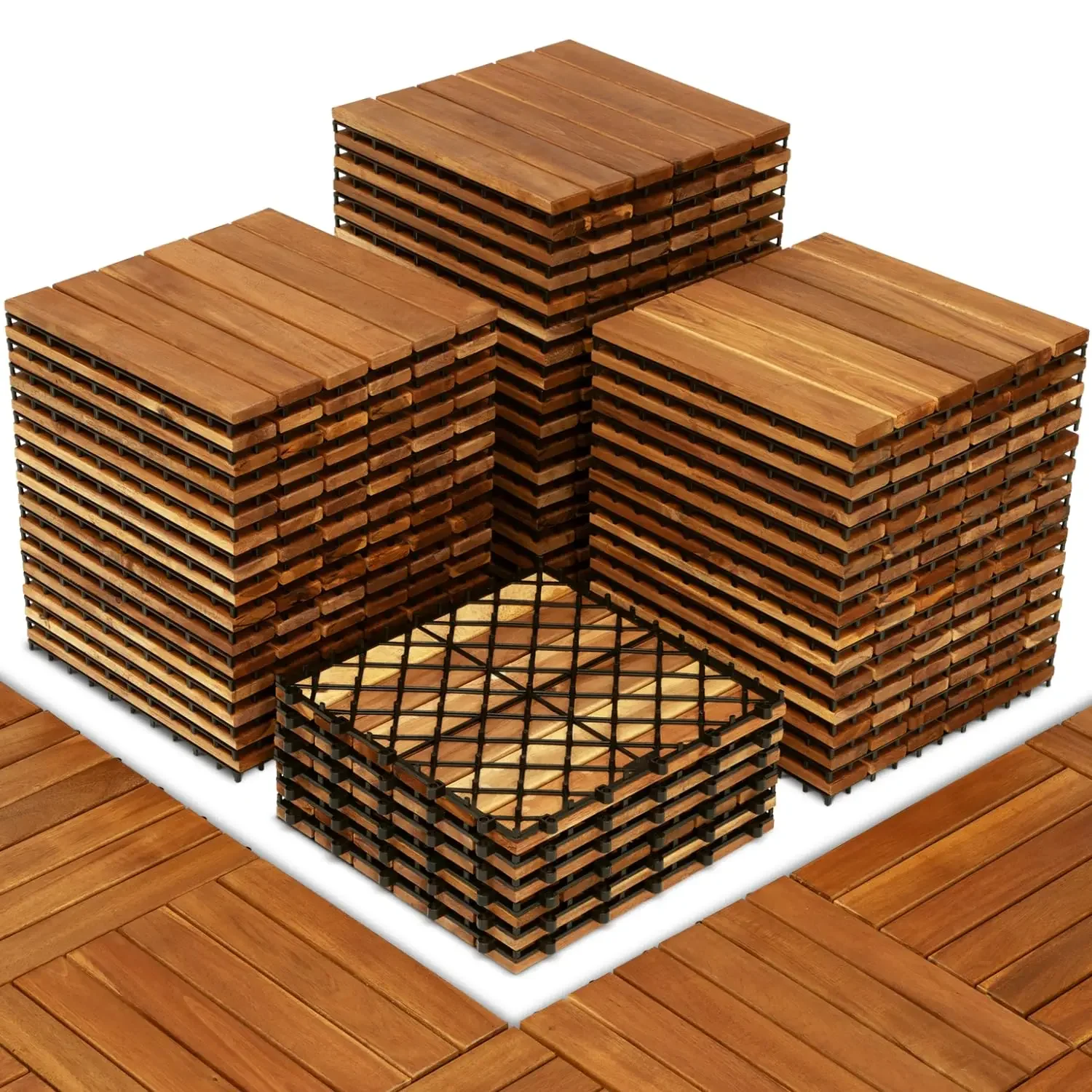 54 PCS Premium Hardwood Interlocking Deck Tiles 12" x 12" Durable and Waterproof All-Weather Striped Pattern Golden Teak