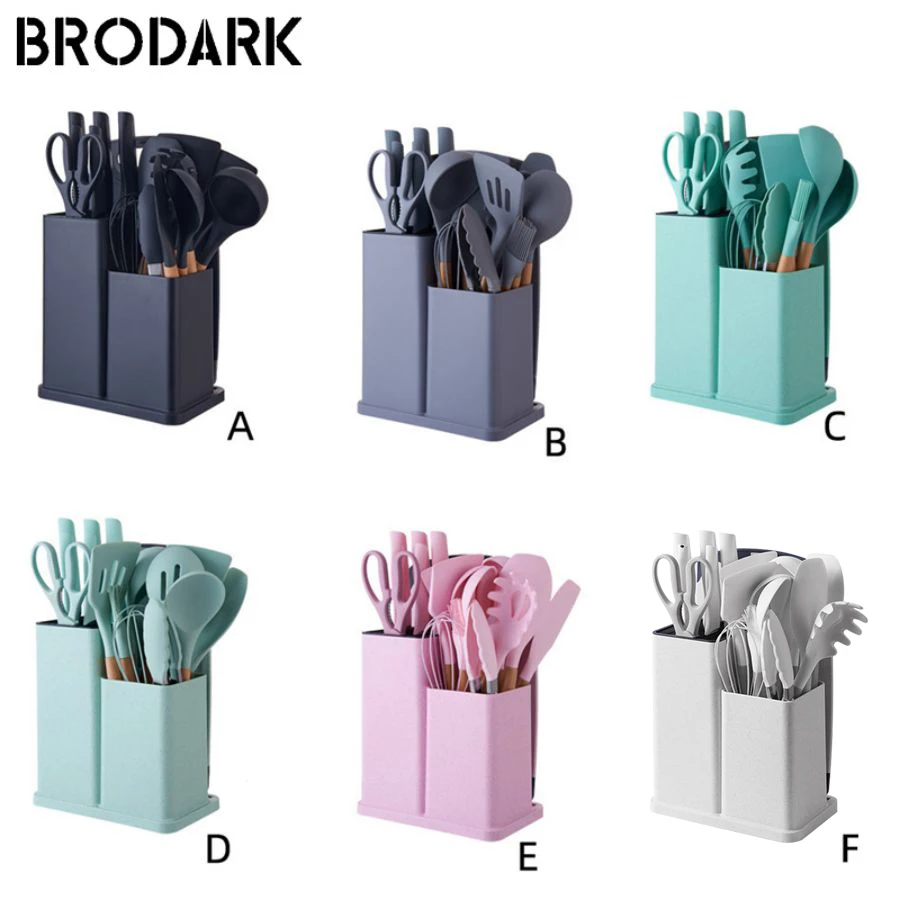 Bucket Silicone Kitchenware Set Of 19 Pieces Food Grade Silicone Cooking Spoon Shovel Cutting Chopping Board Fruit Knif