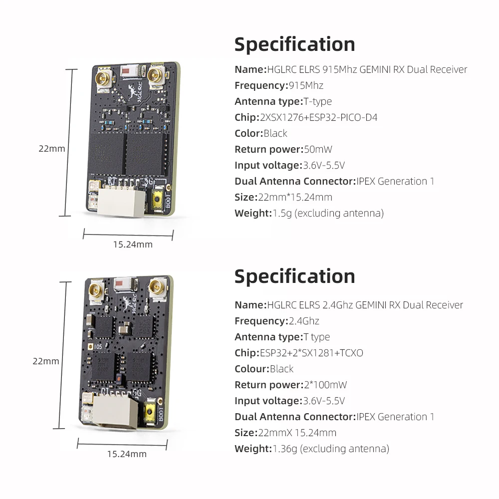 HGLRC ELRS GEMINI RX Dual Receiver 2.4G/915MHz za RC FPV