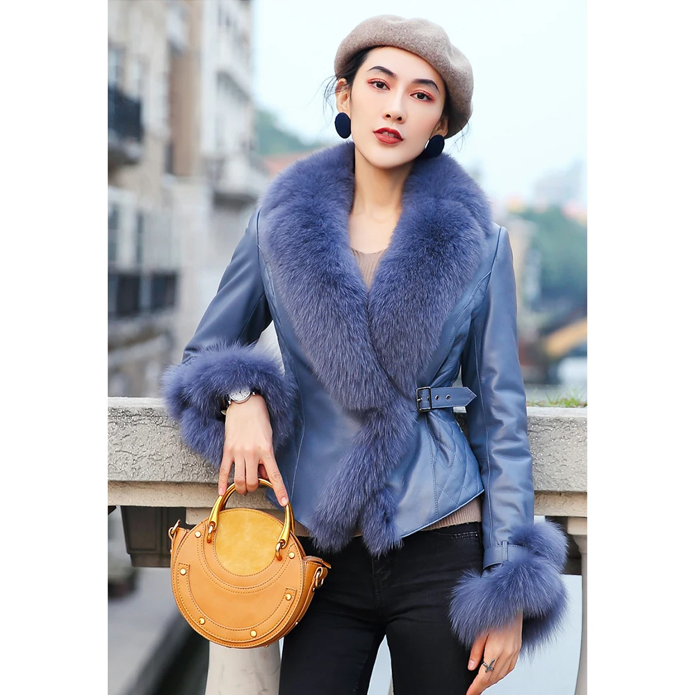 2022 winter fashion women real sheepskin leather coat with big fox fur collar ladies female leather new outfit jacket