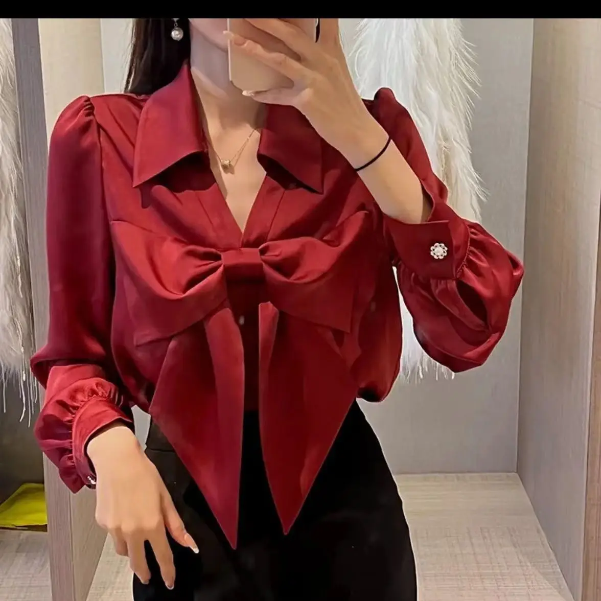 New Popular Socialite Collarbone Lapel Big Bow Feminine V-neck