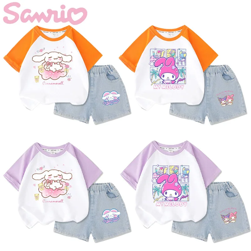 

Kawaii Sanrio My Melody Cinnamoroll Детский костюм летняя футболка с коротким рукавом для девочек с героями мультфильмов детские свободные джинсы комплект из двух предметов