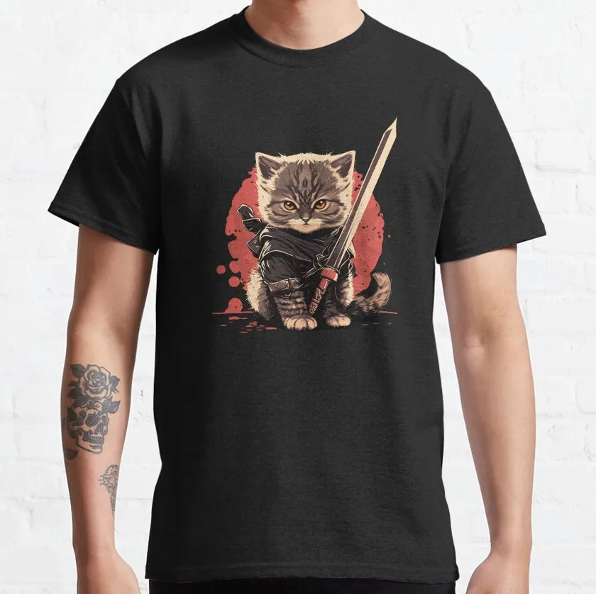 Süße schwarze Katze kawaii Samurai Kätzchen Ninja Katze Krieger Schwert T-Shirt Kitty Katze 100% Baumwolle bedruckte Herren bekleidung