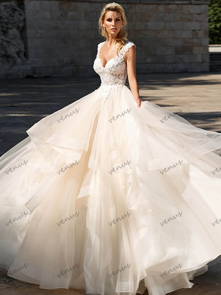 Gorgeous Wedding Dresses A-Line Tulle Tiered Bridal Gowns Lace Appliques Floor Length Robes Vestidos De Novia 2025 Customized 4