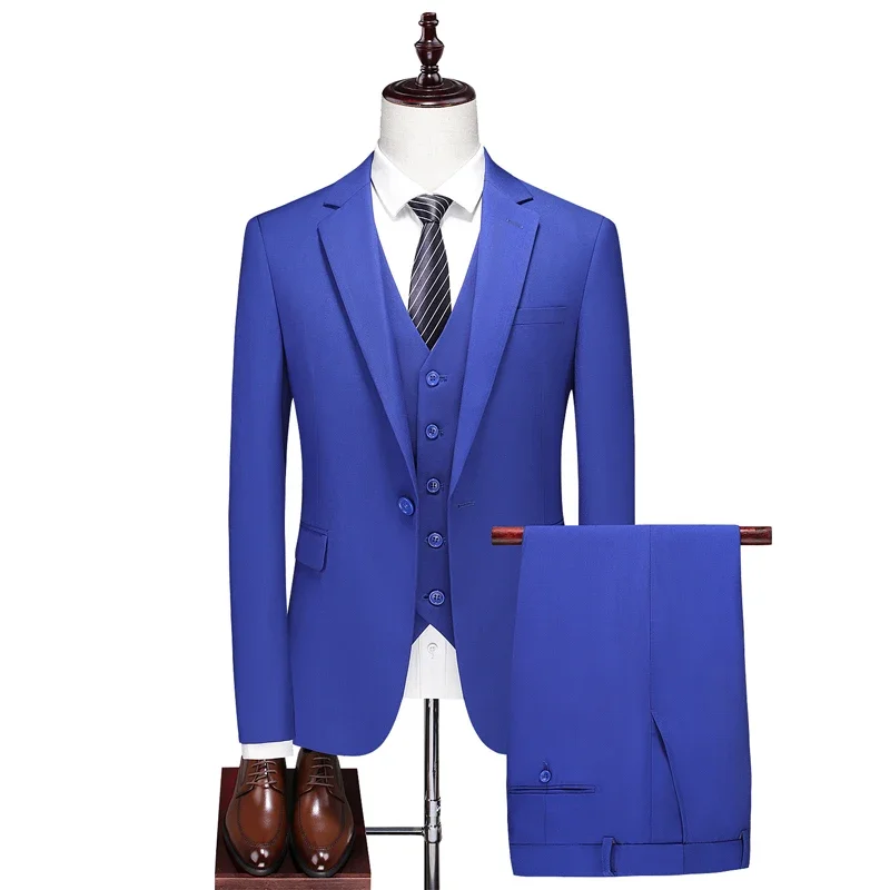 Men's Boutique Business Slim Solid Color Suit Set   Male Slim Fit Double Split Dress Blazers Jacket Pants Vest
