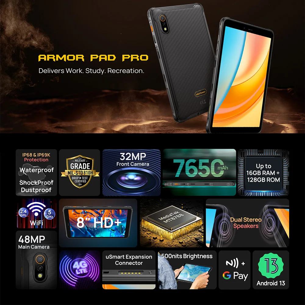 Ulefone Armor Pad Pro,16 Гб+128 Гб,NFC Rugged Tablet,7650 мАч,IP68/IP69K,Stereo Dual Speakers,32MP Camera,8.0 Inch HD+Display 2