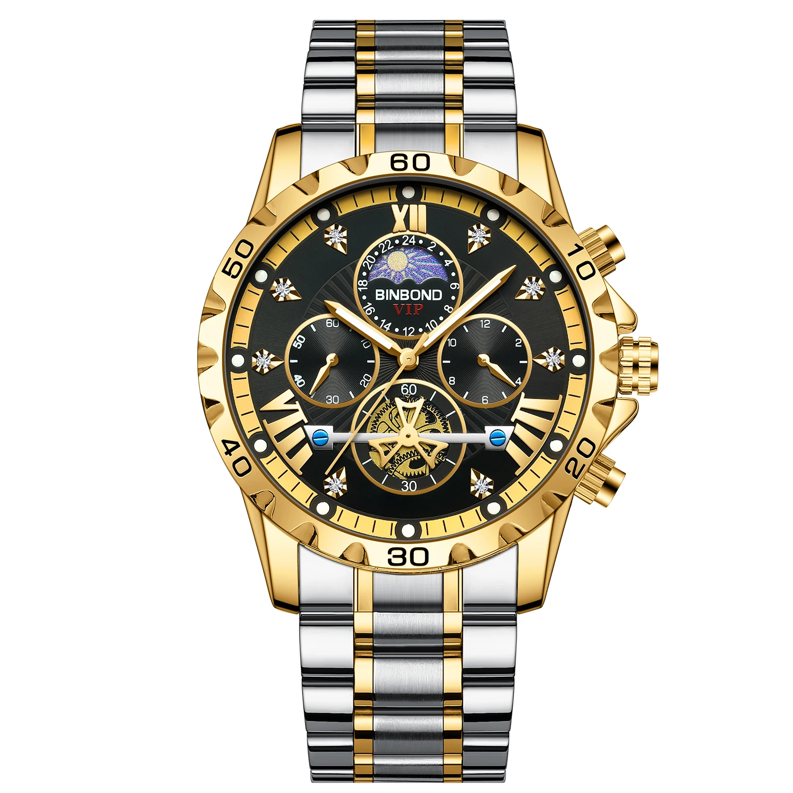 Binbond-男性用高級クォーツ時計,防水,発光,ステンレス鋼,クロノグラフ