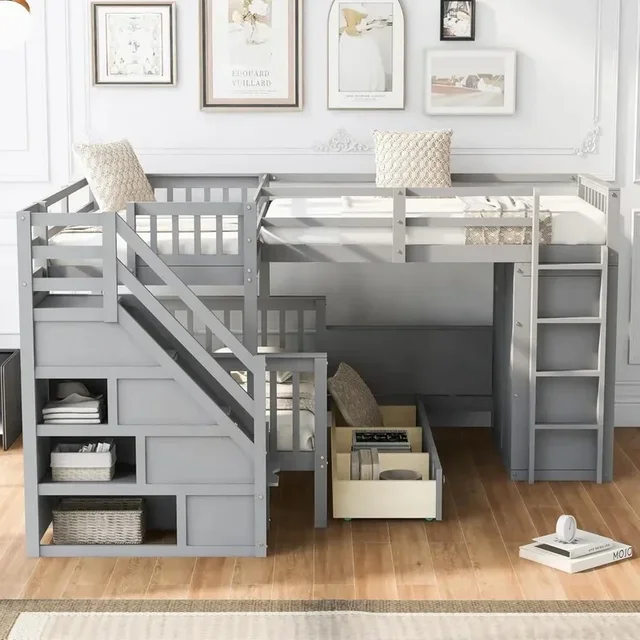 L-Shape Triple Bunk Bed with Stairs and Desk, Wooden Twin-Over-Full Design, Includes Storage Wardrobe, Shelves, and Drawers, 1 L-Shape Triple Bunk Bed with Stairs and Desk, Wooden Twin-Over-Full Design, Includes Storage Wardrobe, Shelves, and Drawers, 1