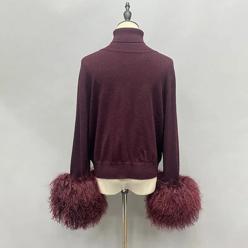 Women's Winter Sweater with Mongolian sheep Fur Cuff Lady Fashion High Collar Soft Warm 2