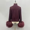 Women's Winter Sweater with Mongolian sheep Fur Cuff Lady Fashion High Collar Soft Warm 2