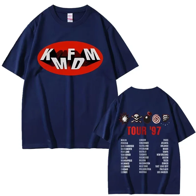 록 밴드 Kmfdm 투어 97 그래픽 프린트 티셔츠 여름 남녀 빈티지 고딕 펑크 스트리트웨어 남성 캐주얼 순면 티셔츠