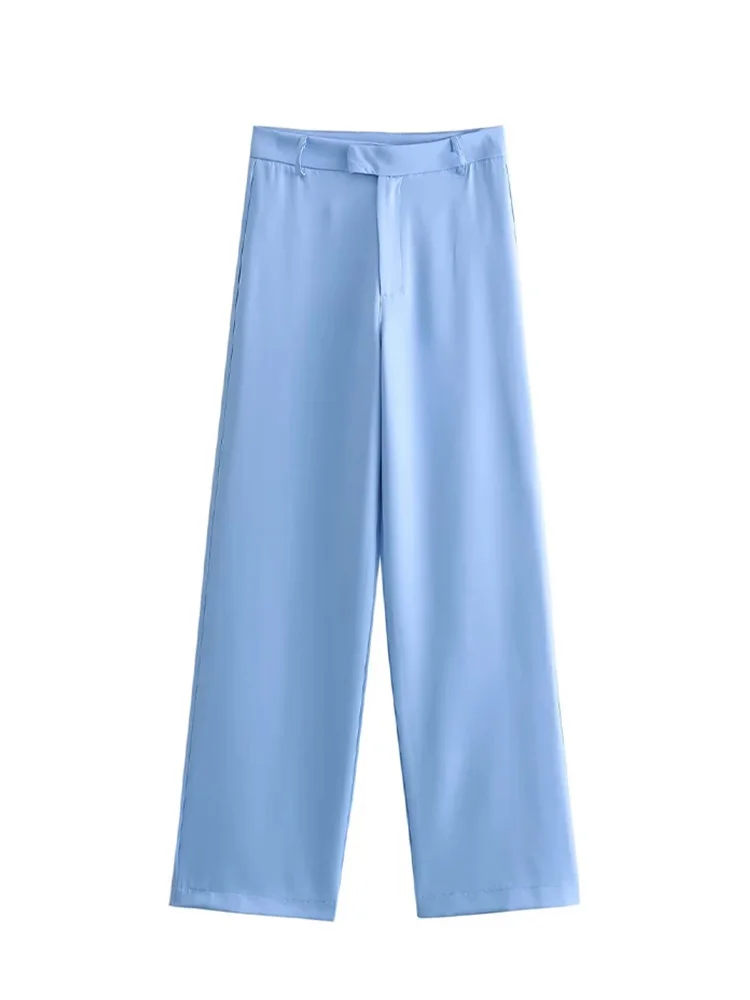 

HH TRAF Spring Trouser Woman 2024 Trendy Blue Mid Waist Pockets Zipper Buttons Full Length Pant Female Casual Chic Wide Leg Pant