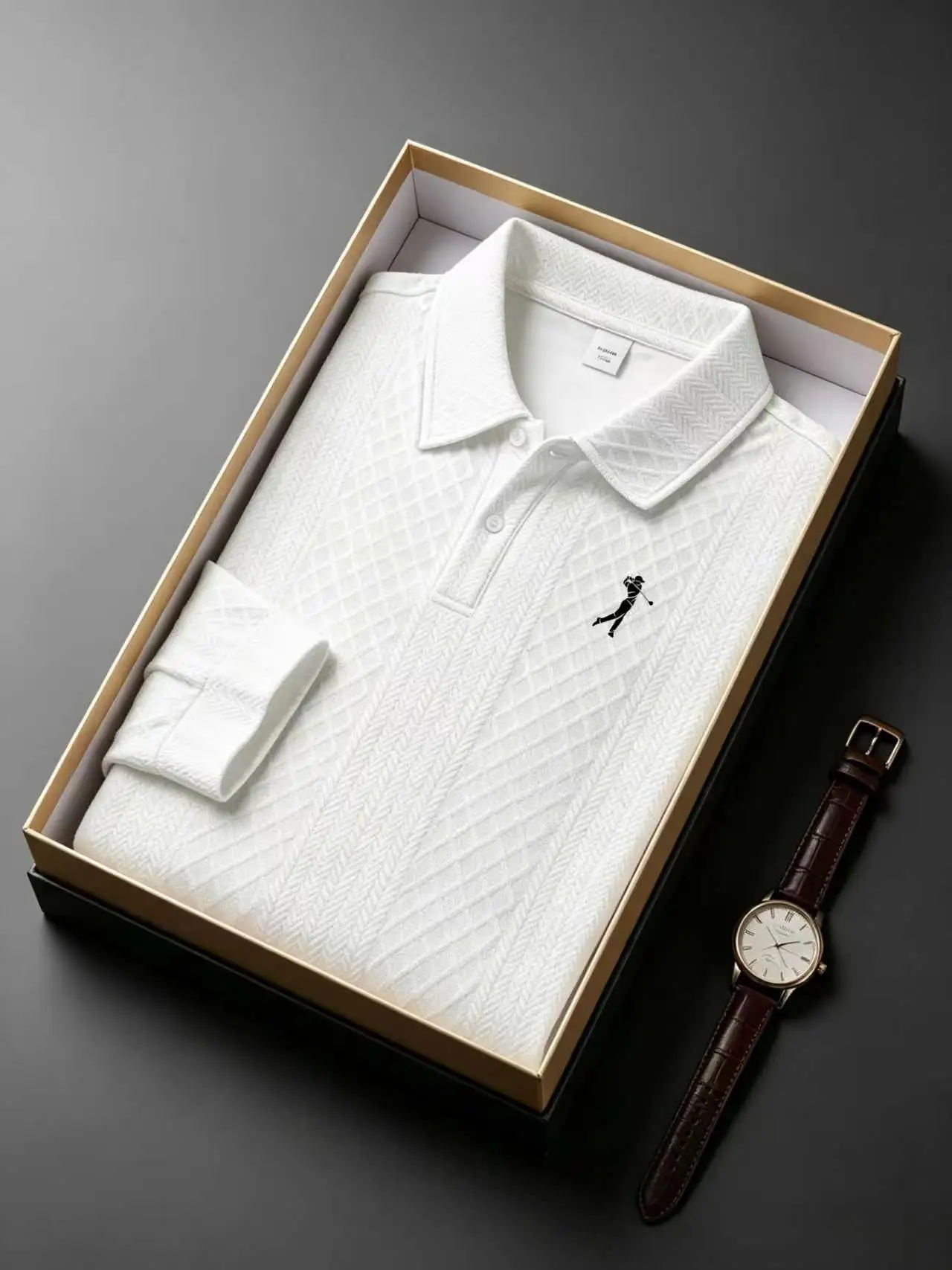 Polo a Maniche Lunghe Jacquard Testurizzato Milano Italia per Uomo, Casual Business Golf Pullover Top - immagine 3