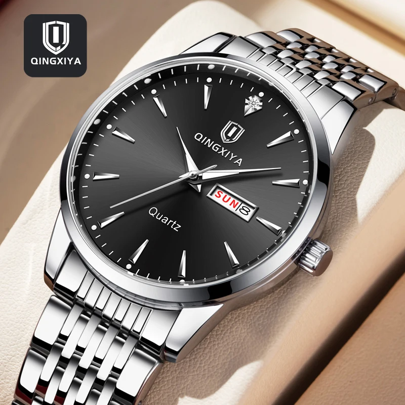 

QINGXIYA Quartz Watch for Men Stainless Steel Waterproof Week Date Mens Watches Top Brand Luxury Wristwatchs Relogio Masculino